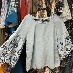 DownEast Light Blue Denim Blouse with Navy Embroidery